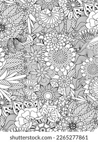 Doodle floral drawing. Art therapy coloring page. Vector black and white coloring page for coloring book. Leaves and flowers in monochrome colors. Doodles pattern. seamless ornament print. 
