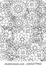 Doodle floral drawing. Art therapy coloring page. Vector black and white coloring page for coloring book. Leaves and flowers in monochrome colors. Doodles pattern. seamless ornament print. 
