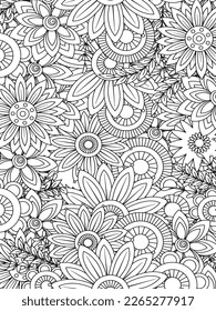 Doodle floral drawing. Art therapy coloring page. Vector black and white coloring page for coloring book. Leaves and flowers in monochrome colors. Doodles pattern. seamless ornament print. 
