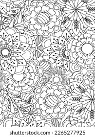 Doodle floral drawing. Art therapy coloring page. Vector black and white coloring page for coloring book. Leaves and flowers in monochrome colors. Doodles pattern. seamless ornament print. 
