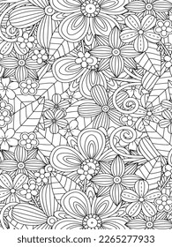 Doodle floral drawing. Art therapy coloring page. Vector black and white coloring page for coloring book. Leaves and flowers in monochrome colors. Doodles pattern. seamless ornament print. 
