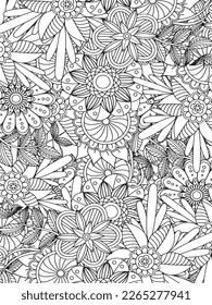 Doodle floral drawing. Art therapy coloring page. Vector black and white coloring page for coloring book. Leaves and flowers in monochrome colors. Doodles pattern. seamless ornament print. 
