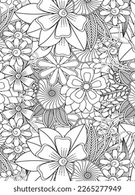 Doodle floral drawing. Art therapy coloring page. Vector black and white coloring page for coloring book. Leaves and flowers in monochrome colors. Doodles pattern. seamless ornament print. 
