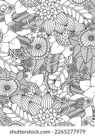 Doodle floral drawing. Art therapy coloring page. Vector black and white coloring page for coloring book. Leaves and flowers in monochrome colors. Doodles pattern. seamless ornament print. 
