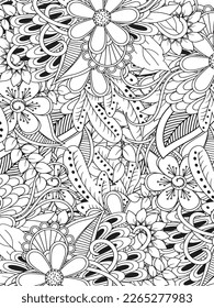 Doodle floral drawing. Art therapy coloring page. Vector black and white coloring page for coloring book. Leaves and flowers in monochrome colors. Doodles pattern. seamless ornament print. 
