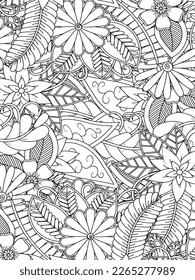 Doodle floral drawing. Art therapy coloring page. Vector black and white coloring page for coloring book. Leaves and flowers in monochrome colors. Doodles pattern. seamless ornament print. 
