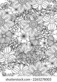 Doodle floral drawing. Art therapy coloring page. Vector black and white coloring page for coloring book. Leaves and flowers in monochrome colors. Doodles pattern. seamless ornament print. 
