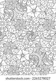 Doodle floral drawing. Art therapy coloring page. Vector black and white coloring page for coloring book. Leaves and flowers in monochrome colors. Doodles pattern. seamless ornament print. 
