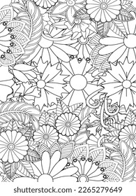 Doodle floral drawing. Art therapy coloring page. Vector black and white coloring page for coloring book. Leaves and flowers in monochrome colors. Doodles pattern. seamless ornament print. 
