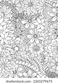 Doodle floral drawing. Art therapy coloring page. Vector black and white coloring page for coloring book. Leaves and flowers in monochrome colors. Doodles pattern. seamless ornament print. 
