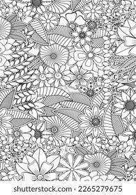 Doodle floral drawing. Art therapy coloring page. Vector black and white coloring page for coloring book. Leaves and flowers in monochrome colors. Doodles pattern. seamless ornament print. 
