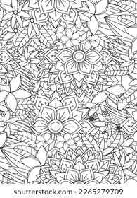 Doodle floral drawing. Art therapy coloring page. Vector black and white coloring page for coloring book. Leaves and flowers in monochrome colors. Doodles pattern. seamless ornament print. 
