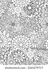 Doodle floral drawing. Art therapy coloring page. Vector black and white coloring page for coloring book. Leaves and flowers in monochrome colors. Doodles pattern. seamless ornament print. 
