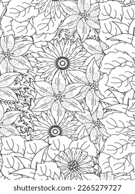 Doodle floral drawing. Art therapy coloring page. Vector black and white coloring page for coloring book. Leaves and flowers in monochrome colors. Doodles pattern. seamless ornament print. 
