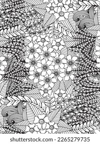 Doodle floral drawing. Art therapy coloring page. Vector black and white coloring page for coloring book. Leaves and flowers in monochrome colors. Doodles pattern. seamless ornament print. 
