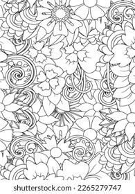 Doodle floral drawing. Art therapy coloring page. Vector black and white coloring page for coloring book. Leaves and flowers in monochrome colors. Doodles pattern. seamless ornament print. 
