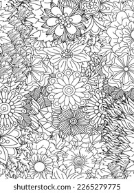 Doodle floral drawing. Art therapy coloring page. Vector black and white coloring page for coloring book. Leaves and flowers in monochrome colors. Doodles pattern. seamless ornament print. 
