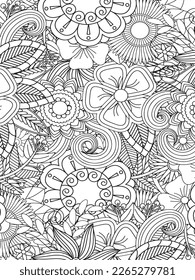 Doodle floral drawing. Art therapy coloring page. Vector black and white coloring page for coloring book. Leaves and flowers in monochrome colors. Doodles pattern. seamless ornament print. 
