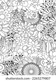 Doodle floral drawing. Art therapy coloring page. Vector black and white coloring page for coloring book. Leaves and flowers in monochrome colors. Doodles pattern. seamless ornament print. 
