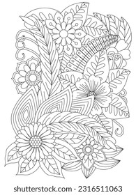 Doodle floral drawing. Art therapy coloring page. Flower pattern. For adults and kids. Vector doodle flowers in black and white.
