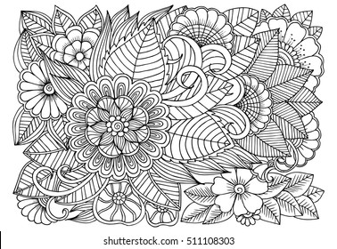 Doodle floral drawing. Art therapy coloring page. 