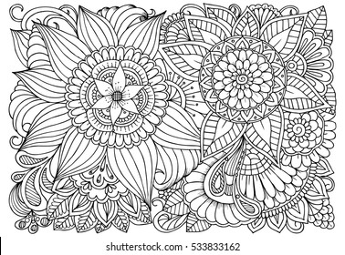 Doodle floral drawing. Art therapy coloring page. 