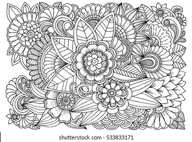 Doodle floral drawing. Art therapy coloring page. 