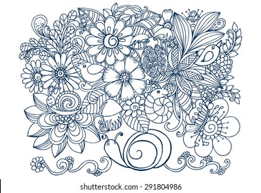 Doodle floral drawing with birds