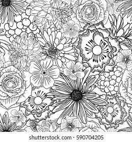 Doodle floral drawing seamless pattern wallpaper. Art therapy coloring page for adults. Endless flowers repetition. Vector.