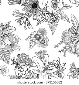 Doodle floral drawing seamless pattern wallpaper. Art therapy coloring page for adults. Endless flowers repetition. Vector.
