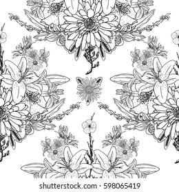 Doodle floral drawing seamless pattern wallpaper. Art therapy coloring page for adults. Endless flowers repetition. Vector.