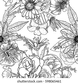 Doodle floral drawing seamless pattern wallpaper. Art therapy coloring page for adults. Endless flowers repetition. Vector.
