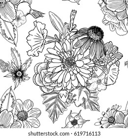 Doodle floral drawing seamless pattern wallpaper. Art therapy coloring page for adults. Endless flowers repetition. Vector.