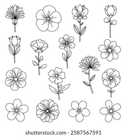 Doodle Floral Elements - Hand-Drawn Wildflowers and Leaves