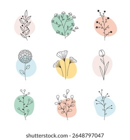 Doodle floral elements on pastel organic shapes. Hand drawn botanical set of whimsical flowers and leaves on soft abstract backgrounds. Vector 10 EPS.
