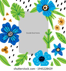 Doodle floral frame. Hand drawn cartoon leaves and flowers composition, abstract botanical square border template with copy space, decorative spring summer decor, vector isolated illustration