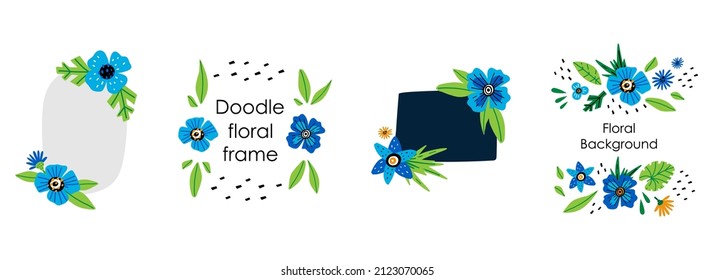 Doodle floral frame. Hand drawn cartoon leaves and flowers composition, abstract botanical circle border template with copy space, decorative spring summer decor, vector isolated illustrations set