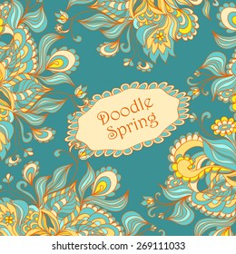 Doodle floral frame in marine blue orange yellow beige colors for advertising spring summer sale or  template  for different  things