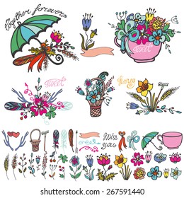 Doodle floral group set.Colored hand sketch vintage elements.Flowers,swirls,branches,umbrella,cap,bow,lettering .For card,invitation,logo.Cute nature Vector