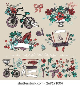 Doodle floral group set.Colored hand sketch vintage decor elements.Flowers,swirls,branches,retro bicycle,woods,bow,lettering .For card,invitation,logo.Cute nature Vector