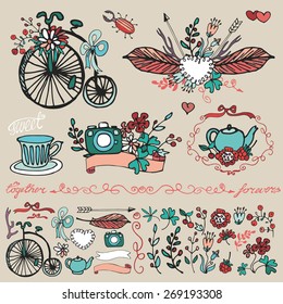 Doodle floral group set.Colored hand sketch vintage decor elements.Flowers,swirls,branches,retro bicycle,photo camera,tableware,bow,lettering .For card,invitation,logo.Cute nature Vector