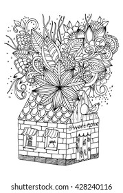 Doodle Floral Image In Black And White Page For Adult Coloring Book