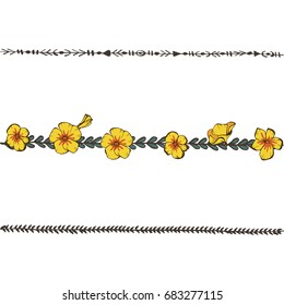 Doodle floral line with yellow phlox. Flower design elements, floral border. Vector