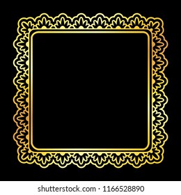 Doodle floral ornamental golden square blank frame isolated over black. Vector background illustration.