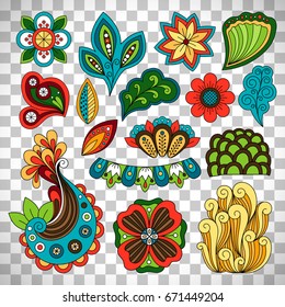 Doodle floral paisley elements, vector leaves, flowers and herbs in bright decorative styleisolated on transparent background
