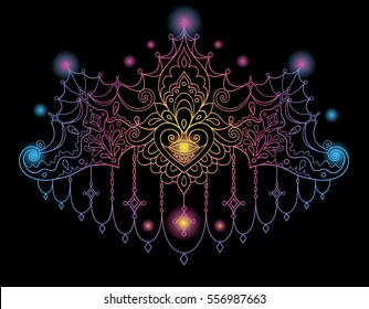 Doodle floral paisley ornament of crown. Persian Ethnic icon. Henna tattoo style banner could be used as tattoo, phone case, shirt print, coloring book. Beautiful Indian ornate vector illustration .