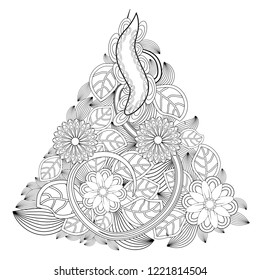 Doodle floral pattern in black and white. Page for coloring book: very interesting and relaxing job for children and adults. Zentangle drawing. Flower carpet in magic garden