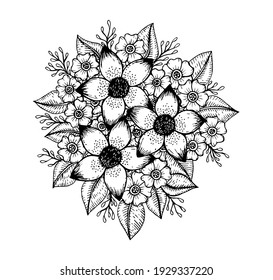 Doodle floral pattern in black and white. Page for coloring book: very interesting and relaxing job for children and adults. Zentangle drawing. Flower carpet in magic garden