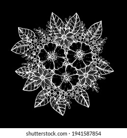 Patrón de Doodle floral en blanco y negro. Página para el libro de colorear: trabajo muy interesante y relajante para niños y adultos. Dibujo de Zentangle. Moqueta de flores en el jardín mágico