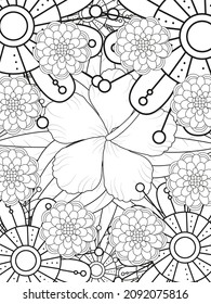 Doodle floral pattern in black and white. Page for coloring book: very interesting and relaxing job for children and adults. Zentangle drawing. Flower carpet in magic garden